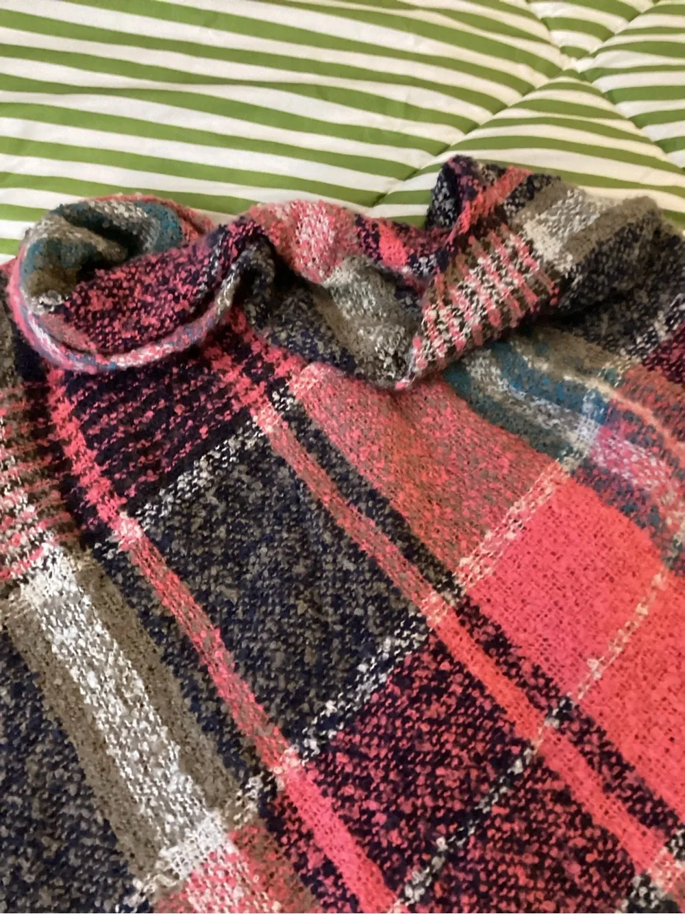 Women’s Plaid Navy and Coral Fringe Toggle Poncho Cape